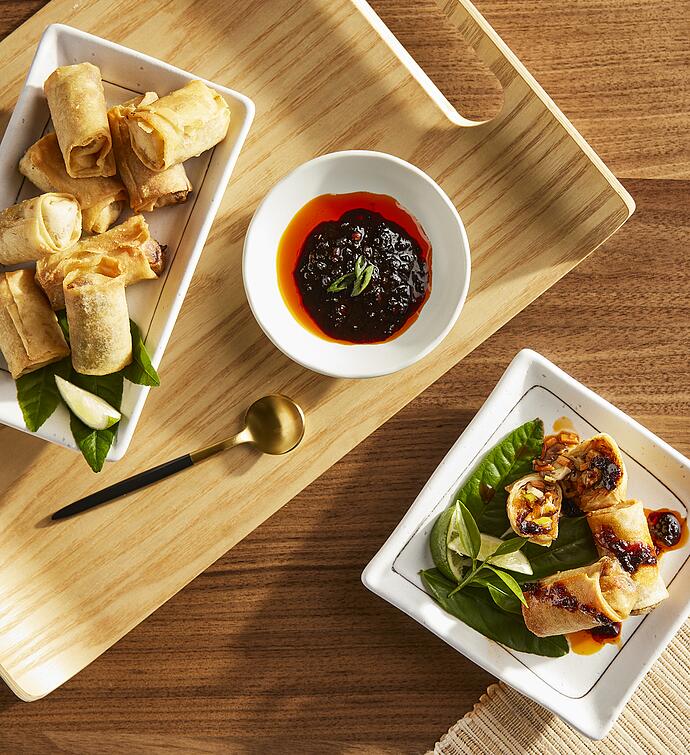 Asian Spring Roll Appetizer Assortment with Fly By Jing Sweet & Spicy Sichuan Chili Sauce 
